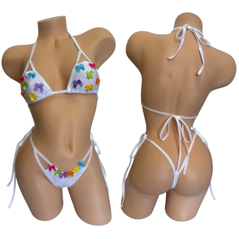 White exotic Dancewear or rave Bikini with Multicolor bow Details
